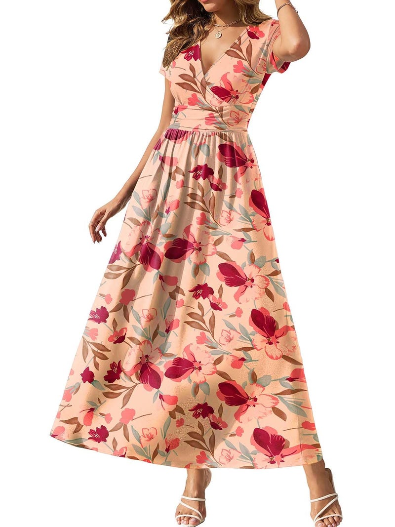 Gracyoga Maxi Dresses for Women 2025 Casual Long Short Sleeve Wrap A Line Dress Fall Flattering Elegant Empire Waist Sundress Pink Floral L - Image 1