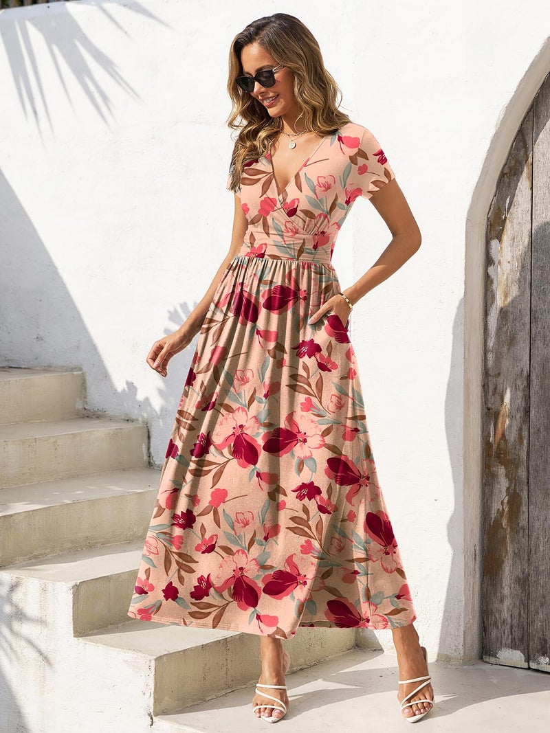 Gracyoga Maxi Dresses for Women 2025 Casual Long Short Sleeve Wrap A Line Dress Fall Flattering Elegant Empire Waist Sundress Pink Floral L - Image 2