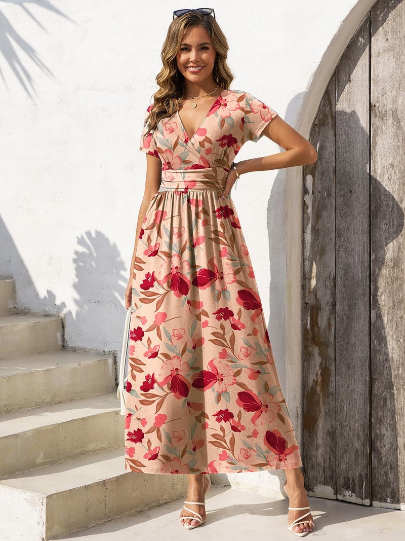 Gracyoga Maxi Dresses for Women 2025 Casual Long Short Sleeve Wrap A Line Dress Fall Flattering Elegant Empire Waist Sundress Pink Floral L - Image 5