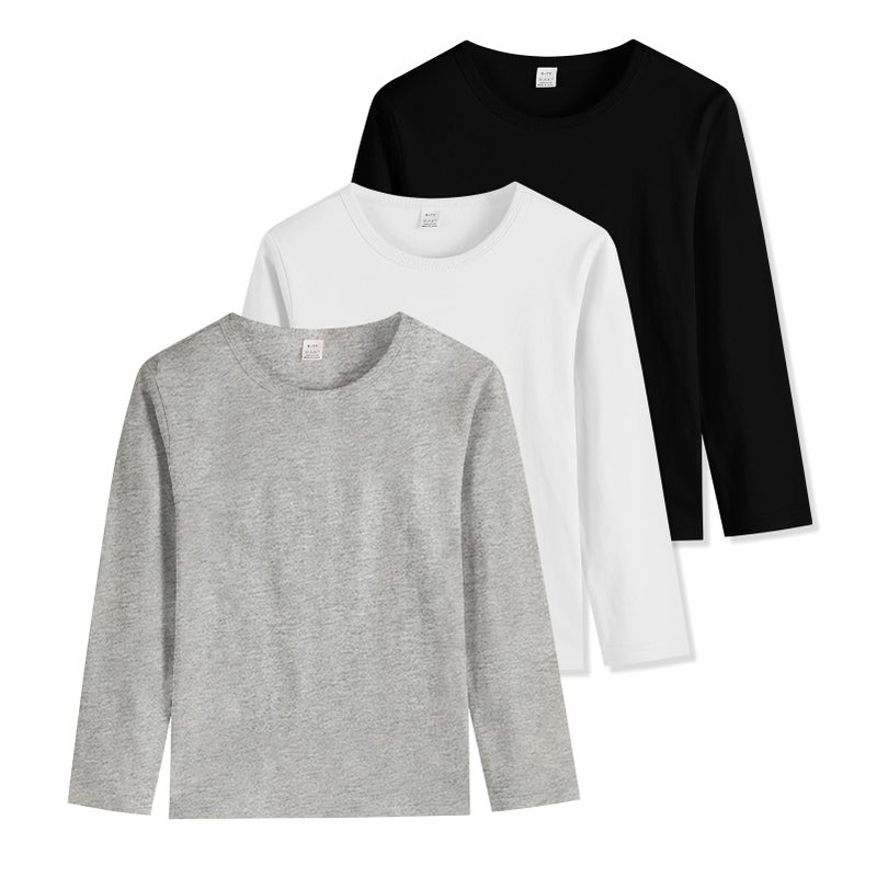 Phedrew 3-Pack Boys' Long Sleeve Shirts Kids Basic Long Sleeve Tees Toddlers' Crew Neck Soft Fall Tops Black/White/Grey - Image 1