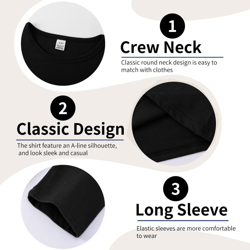 Phedrew 3-Pack Boys' Long Sleeve Shirts Kids Basic Long Sleeve Tees Toddlers' Crew Neck Soft Fall Tops Black/White/Grey - Image 5