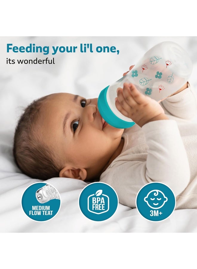 Luvlap Anti-Colic Slim/Regular Neck Essential Baby Plastic Feeding Bottle, 250Ml, New Born/Infants/Toddler Upto 3m+, Wild Flowers, BPA Free,Green - Image 2