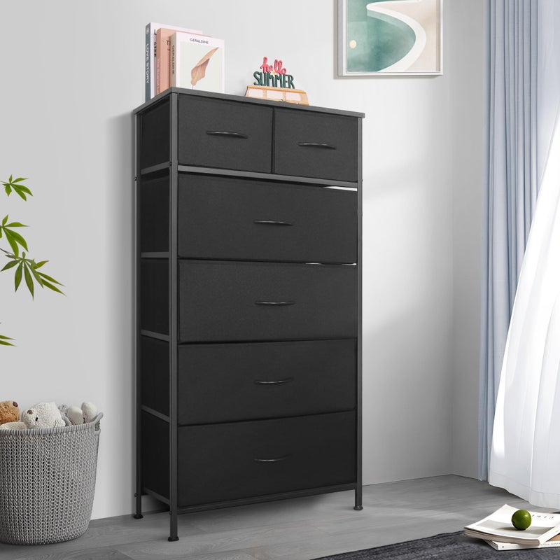 Mifuro Tall Dresser for Bedroom, Vertical Storage Organizer Tower with 6 Drawers, Chest of Drawers with Fabric Bins, Steel Frame, Wood Top for Bedroom, Closet, Entryway- Black - Image 2