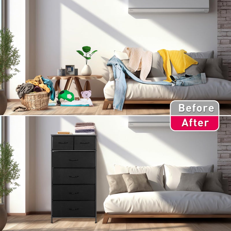Mifuro Tall Dresser for Bedroom, Vertical Storage Organizer Tower with 6 Drawers, Chest of Drawers with Fabric Bins, Steel Frame, Wood Top for Bedroom, Closet, Entryway- Black - Image 5