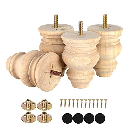 Michanco 4 Inch Unfinished Bun Feet for Couch Sofa Cabinet Ottoman DIY Replacement Wood Furniture Legs Set of 4 M8 Bolt Screw in - Image 1