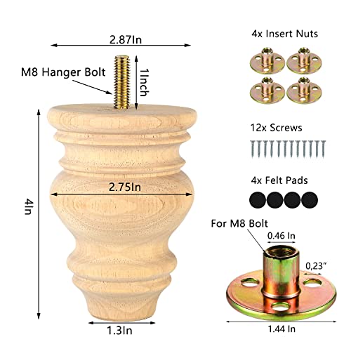 Michanco 4 Inch Unfinished Bun Feet for Couch Sofa Cabinet Ottoman DIY Replacement Wood Furniture Legs Set of 4 M8 Bolt Screw in - Image 5
