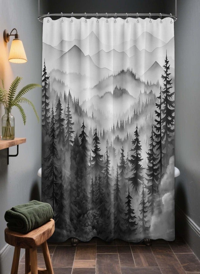 QGHOT Mountain Shower Curtain Forest, Black and White Nature Shower Curtains for Mens Bathroom Decor Grey Rustic Woodland Pine Tree Cool Bath Curtain Set, Waterproof Fabric with Hooks 70x72in - Image 1