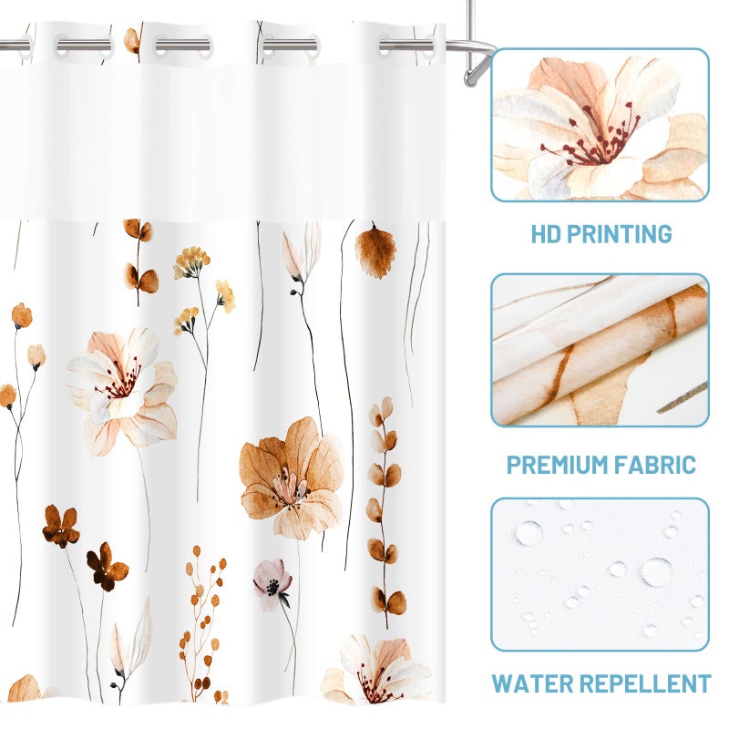WITHLOC No Hook Shower Curtain with Snap in Liner - Floral Shower Curtain - Fabric Waterproof Inner Liner, Plants Watercolor Burnt-Orange Modern Cloth Shower Curtains - Machine Washable, 71 x 74 - Image 4