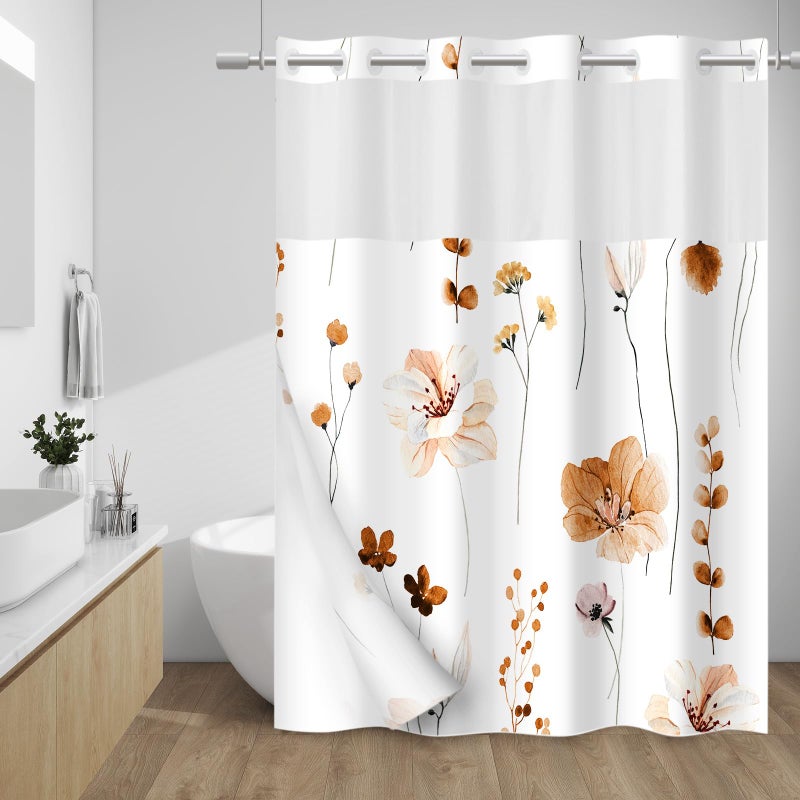 WITHLOC No Hook Shower Curtain with Snap in Liner - Floral Shower Curtain - Fabric Waterproof Inner Liner, Plants Watercolor Burnt-Orange Modern Cloth Shower Curtains - Machine Washable, 71 x 74 - Image 1