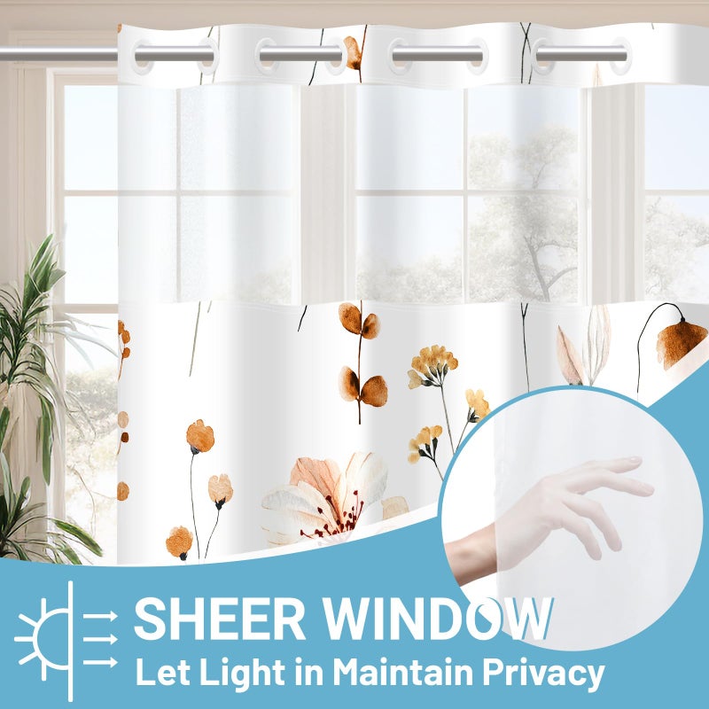 WITHLOC No Hook Shower Curtain with Snap in Liner - Floral Shower Curtain - Fabric Waterproof Inner Liner, Plants Watercolor Burnt-Orange Modern Cloth Shower Curtains - Machine Washable, 71 x 74 - Image 2