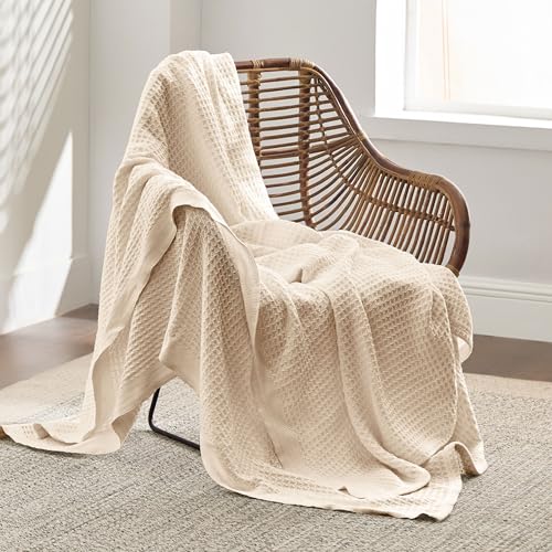 Bedsure Gentlesoft 100% Cotton Blanket Twin XL Size for College Dorm - Breathable and Soft, Waffle Weave Twin Blanket for Summer, Dorm Room Essentials, Yellowish Cream, 66x90 inches - Image 3
