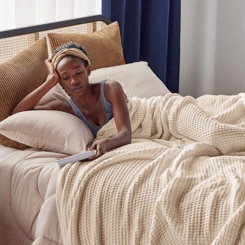 Bedsure Gentlesoft 100% Cotton Blanket Twin XL Size for College Dorm - Breathable and Soft, Waffle Weave Twin Blanket for Summer, Dorm Room Essentials, Yellowish Cream, 66x90 inches - Image 2