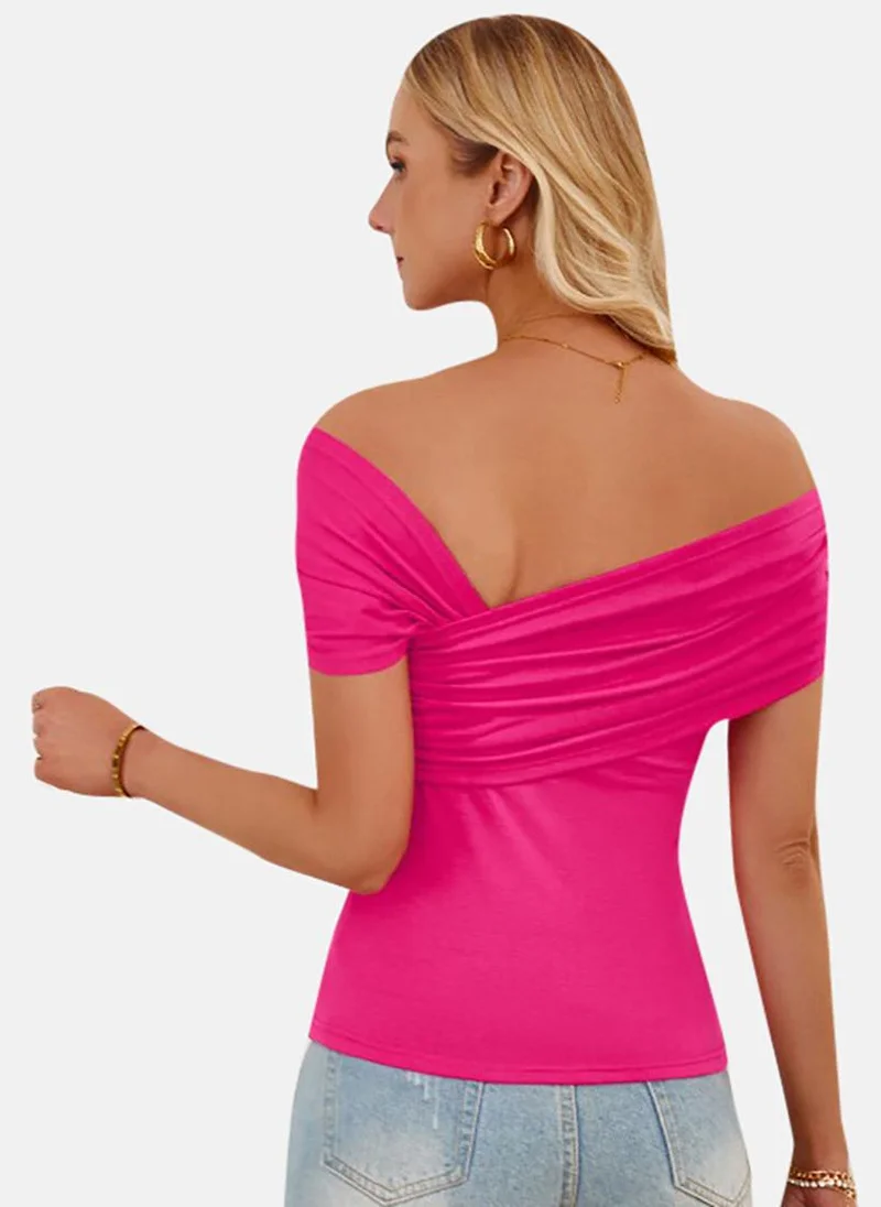 YUNIQEE Pink Solid Short Sleeve Off-shoulder Tunics