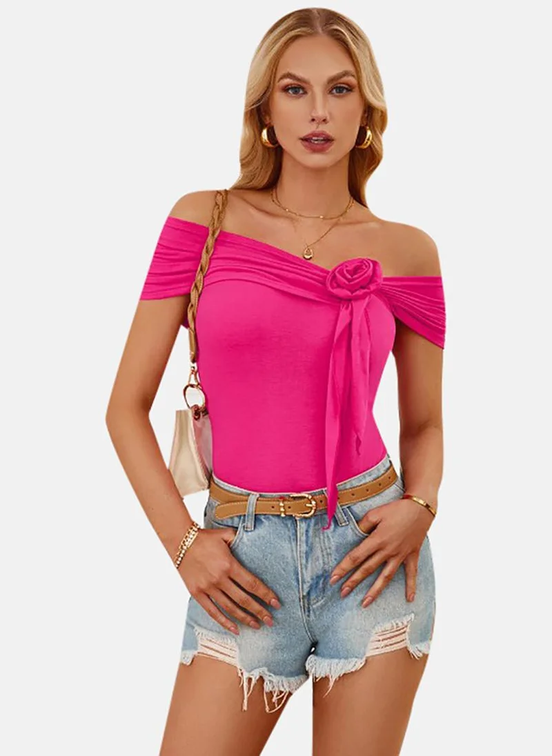YUNIQEE Pink Solid Short Sleeve Off-shoulder Tunics