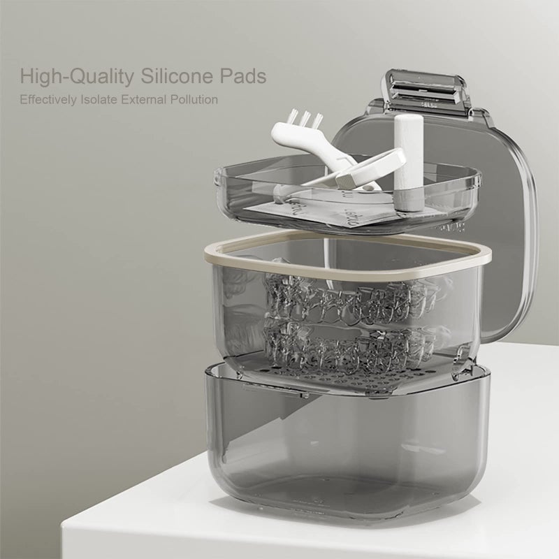 loevcc Retainer Case, Retainer Cleaner Case, Unique Denture Bath with Drain Tray, Suitable for Dentures, Denture Bridges, Partial Dentures, Traditional Braces, Etc. (Black) - Image 2