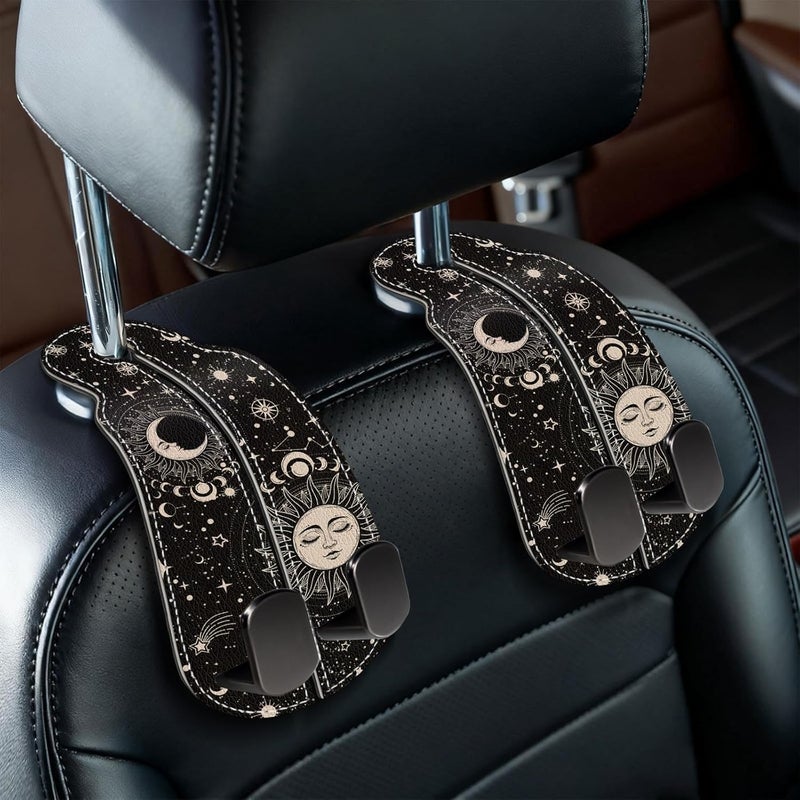 Blusabaca 2PCS Car Seat Back Storage Headrest Hooks, Sun and Moon Car Purse Holder Bags Hanger, PU Leather Double Metal Hook for Backseat Car Organizer, Multifunctional Women Car Accessories Flexible usage build - Image 1
