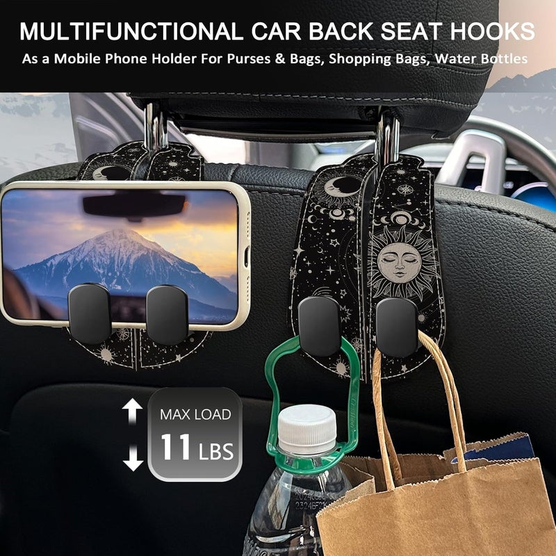 Blusabaca 2PCS Car Seat Back Storage Headrest Hooks, Sun and Moon Car Purse Holder Bags Hanger, PU Leather Double Metal Hook for Backseat Car Organizer, Multifunctional Women Car Accessories Flexible usage build - Image 3