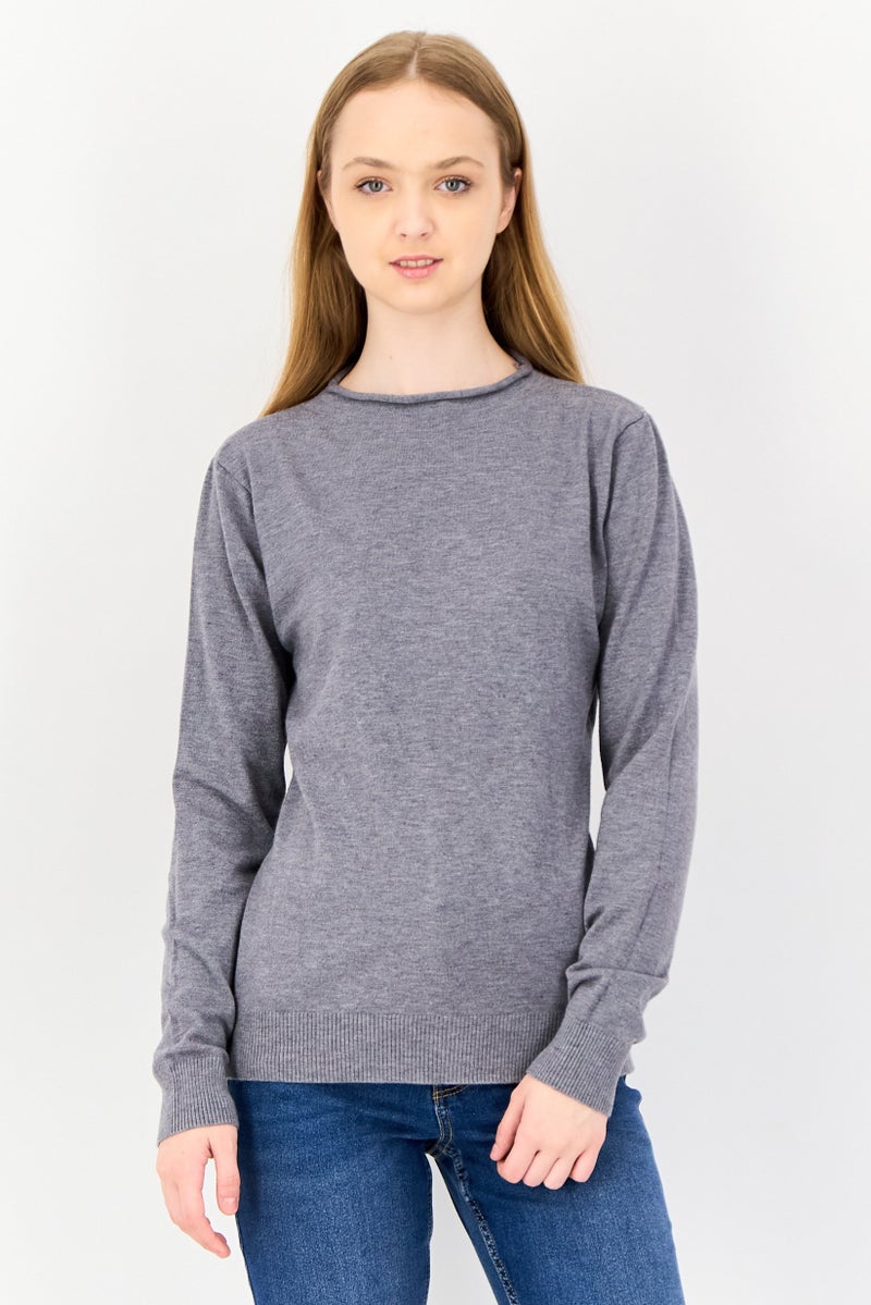 Buzz Women Mock Neck Plain Sweater, Grey - Image 1