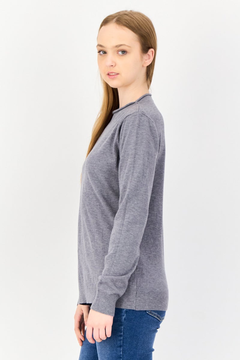Buzz Women Mock Neck Plain Sweater, Grey - Image 3