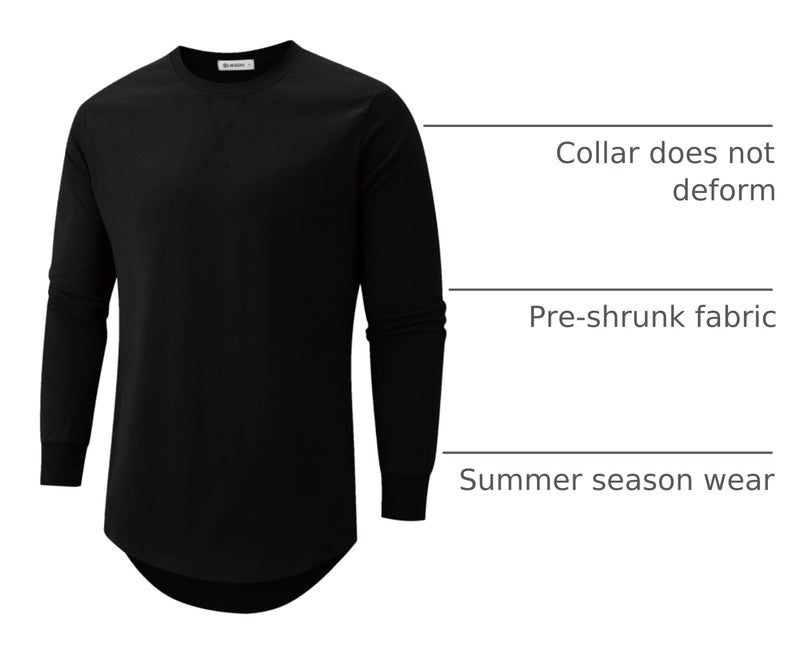KLIEGOU Mens Cotton Hipster Hip Hop Longline Long Sleeve T Shirt 67(Black XL) - Image 4