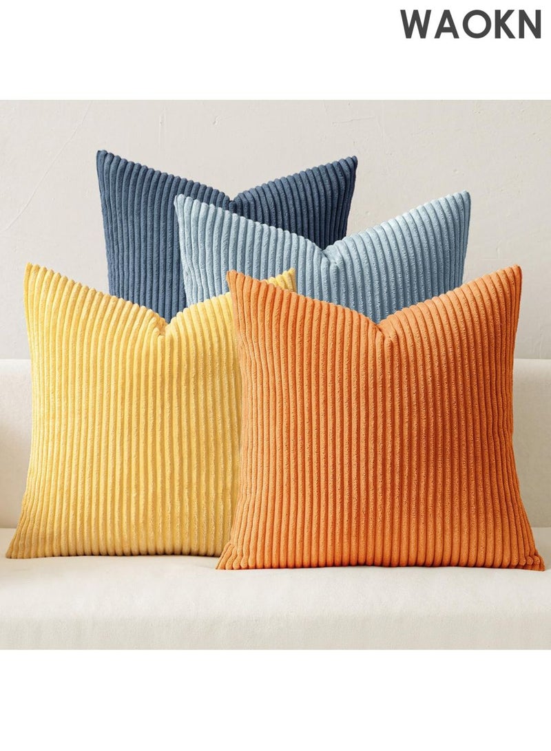 دبليو أيه أو كي أن عبوة من 4 أغطية وسائد مزخرفة من قماش مخملي أزرق برتقالي مقاس 18 × 18 بوصة، أغطية وسائد ناعمة مخططة على طراز بوهيمي، ديكور منزلي ريفي عصري لأريكة الصيف وغرفة المعيشة والأريكة والسرير - Image 1