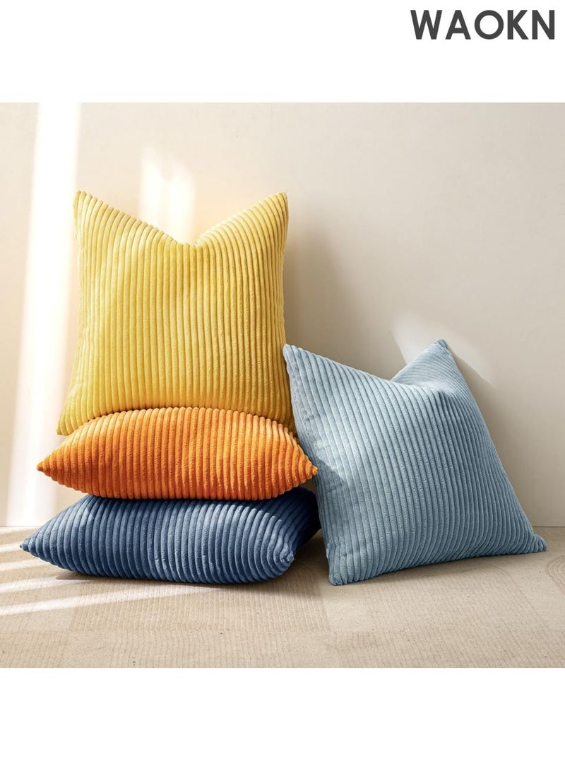 دبليو أيه أو كي أن عبوة من 4 أغطية وسائد مزخرفة من قماش مخملي أزرق برتقالي مقاس 18 × 18 بوصة، أغطية وسائد ناعمة مخططة على طراز بوهيمي، ديكور منزلي ريفي عصري لأريكة الصيف وغرفة المعيشة والأريكة والسرير - Image 4