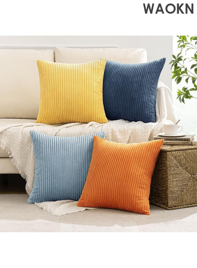 دبليو أيه أو كي أن عبوة من 4 أغطية وسائد مزخرفة من قماش مخملي أزرق برتقالي مقاس 18 × 18 بوصة، أغطية وسائد ناعمة مخططة على طراز بوهيمي، ديكور منزلي ريفي عصري لأريكة الصيف وغرفة المعيشة والأريكة والسرير - Image 5