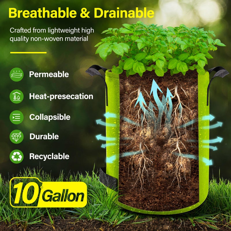 Suntee 6 Pack 10 Gallon Potato Grow Bags with Flap, Thickened Nonwoven Fabric Grow Bags for Growing Potatoes, Colorful Plant Grow Bags Pots Gardening Vegetable Potato Growing Bags with Durable Handles - Image 2