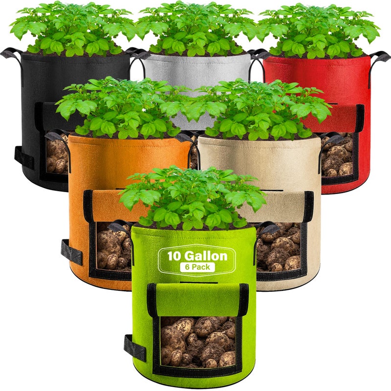 Suntee 6 Pack 10 Gallon Potato Grow Bags with Flap, Thickened Nonwoven Fabric Grow Bags for Growing Potatoes, Colorful Plant Grow Bags Pots Gardening Vegetable Potato Growing Bags with Durable Handles - Image 1