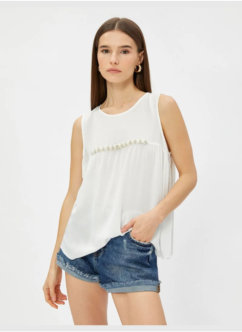 كوتون Crew Neck Bead Embellished Sleeveless Blouse