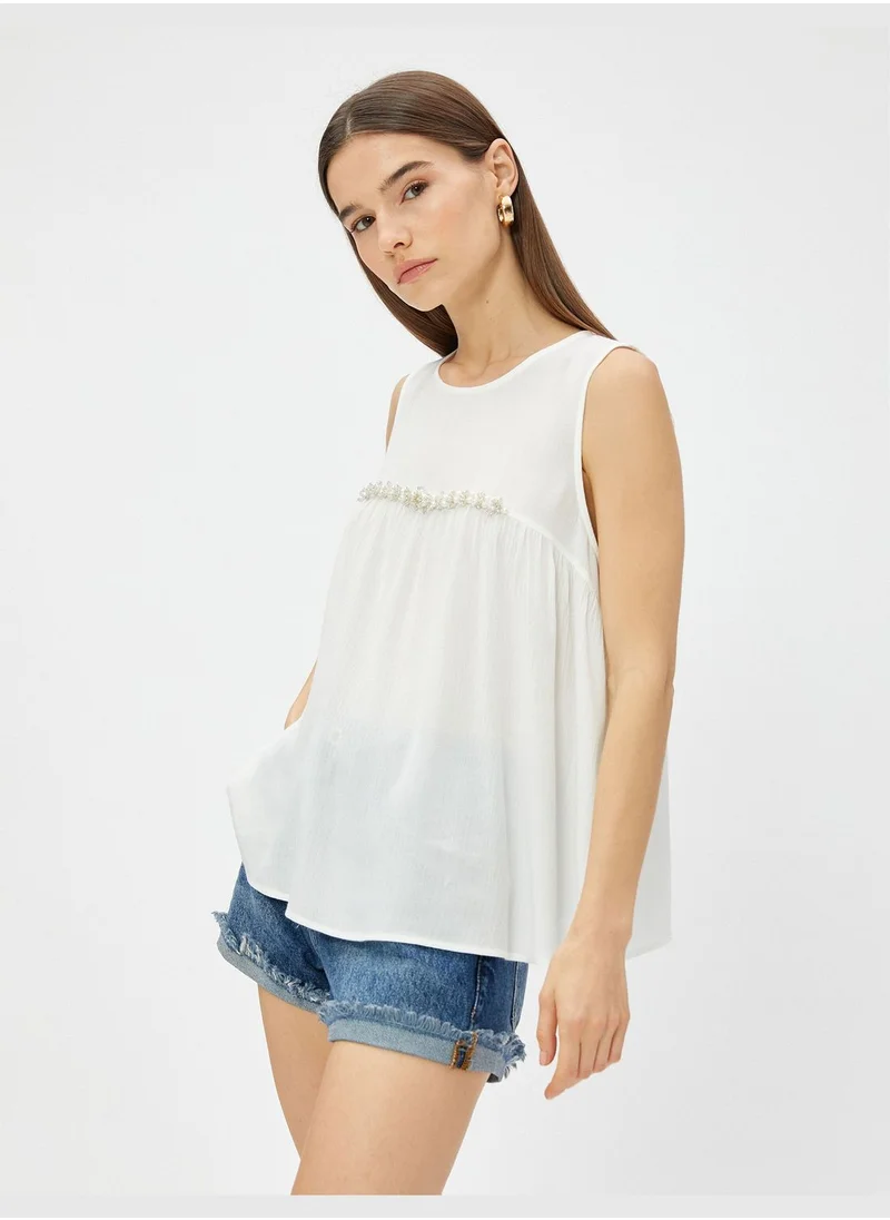 كوتون Crew Neck Bead Embellished Sleeveless Blouse