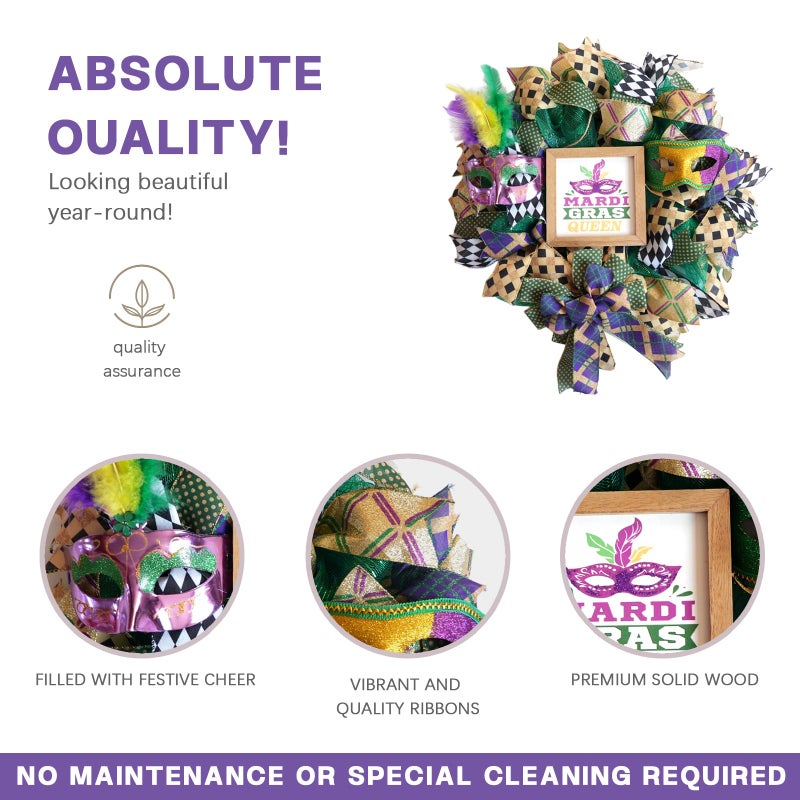 TEMPUS 22 Inch Mardi Gras Wreath for Front Door - Handmade Plaid Ribbon & Mesh Wreath with Glitter Masks, Wood Sign for Indoor/Covered Porch Decorations - Image 3