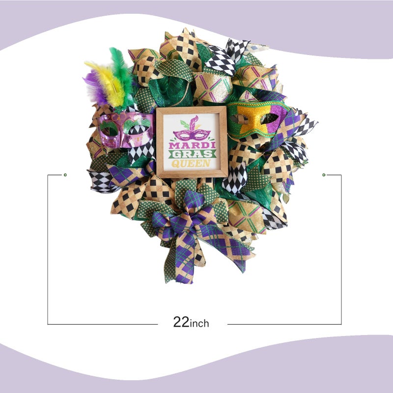 TEMPUS 22 Inch Mardi Gras Wreath for Front Door - Handmade Plaid Ribbon & Mesh Wreath with Glitter Masks, Wood Sign for Indoor/Covered Porch Decorations - Image 2