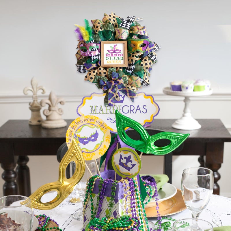 TEMPUS 22 Inch Mardi Gras Wreath for Front Door - Handmade Plaid Ribbon & Mesh Wreath with Glitter Masks, Wood Sign for Indoor/Covered Porch Decorations - Image 5
