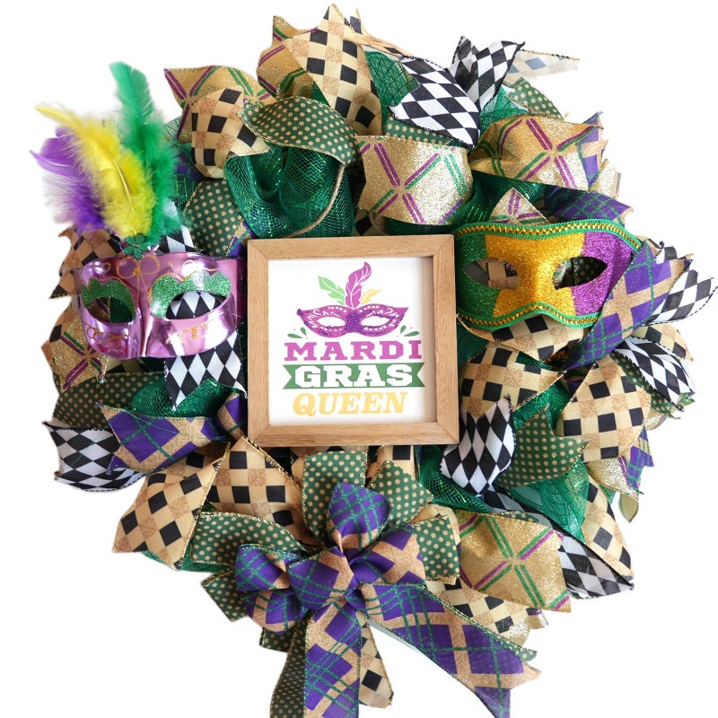 TEMPUS 22 Inch Mardi Gras Wreath for Front Door - Handmade Plaid Ribbon & Mesh Wreath with Glitter Masks, Wood Sign for Indoor/Covered Porch Decorations - Image 1