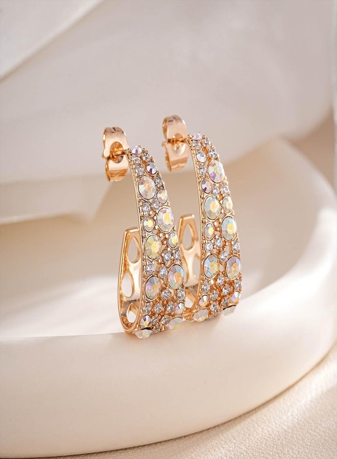 EVEVIC Stunning Multicolor Austrian Crystal Open C Hoop Earrings for Women 14K Gold Plated Hypoallergenic Trendy Jewelry Gift (Aurora Borealis) - Image 4