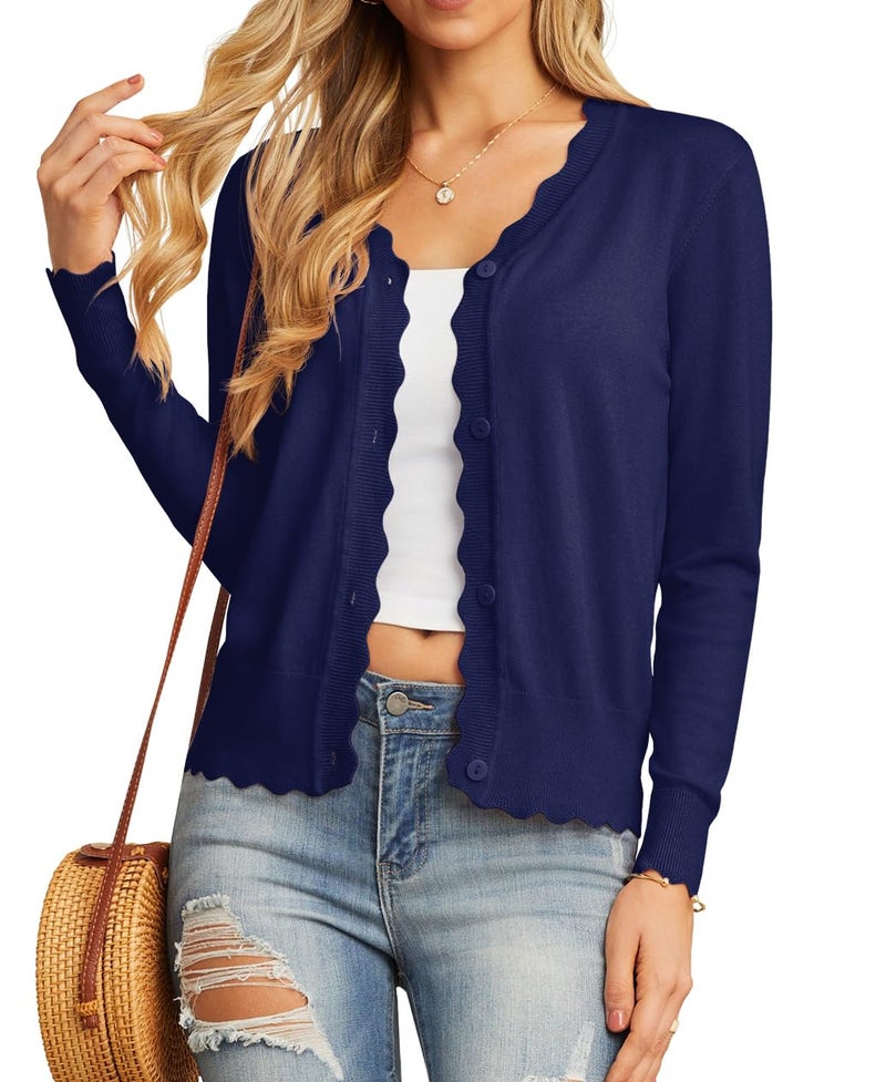 GRECERELLE Women's Long Sleeve Lightweight Cardigan Fall Knit Shrug Sweater(Navy Blue, X-Large) - Image 2