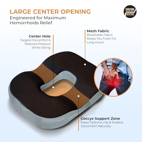 CareFoam Memory Foam Donut Pillow for Tailbone Pain-Coccyx Seat Cushion for Chair-Hemorrhoid & Piles Pillow | Orthopedic Coccyx Ring Pillow | 18 x 14 x 3 Inch | Premium Mesh Washable Outer Cover - Image 2