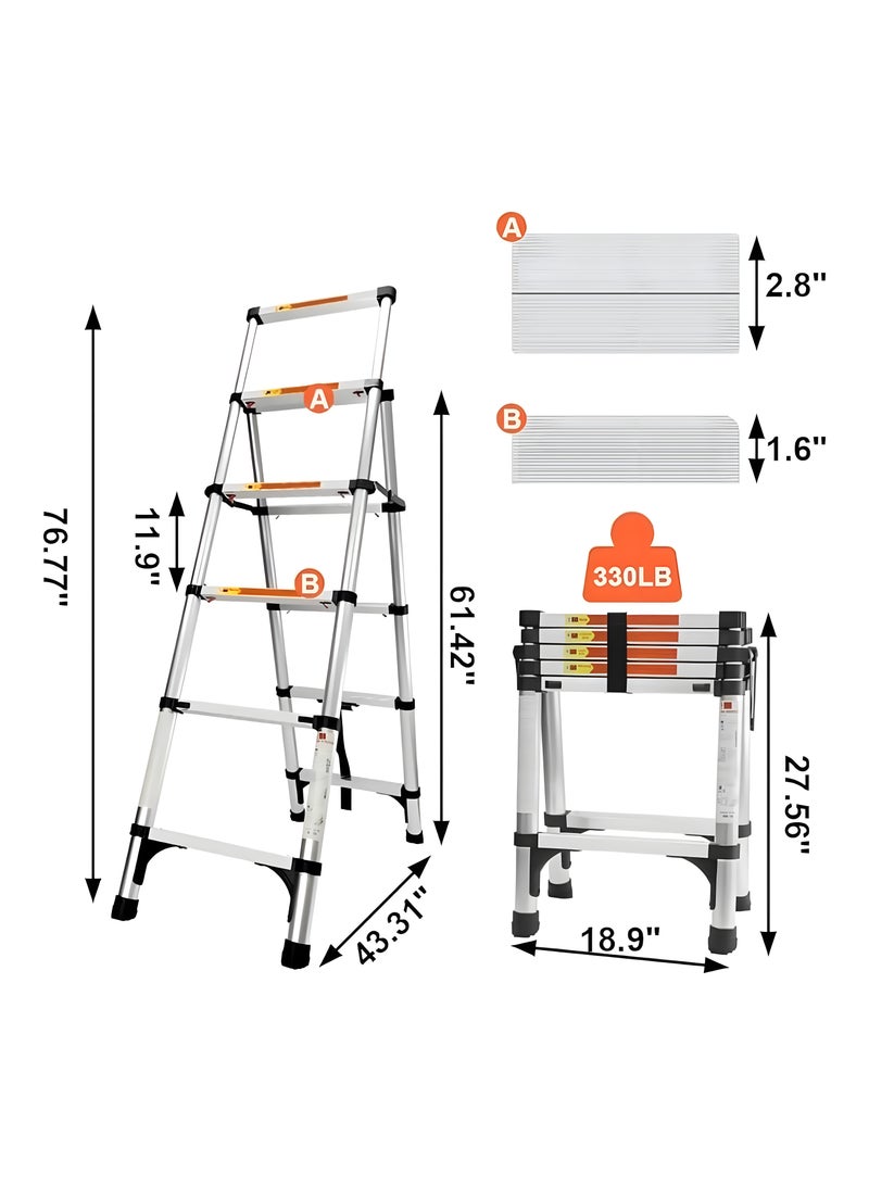 BIG MAX 5-Step Telescoping Ladder, 1.7m Aluminum Lightweight Extension Ladder with 2 Triangle Stabilizers, Heavy Duty 330lbs Max Capacity, Multi-Purpose Collapsible Ladder for RV or Outdoor Work - Image 2
