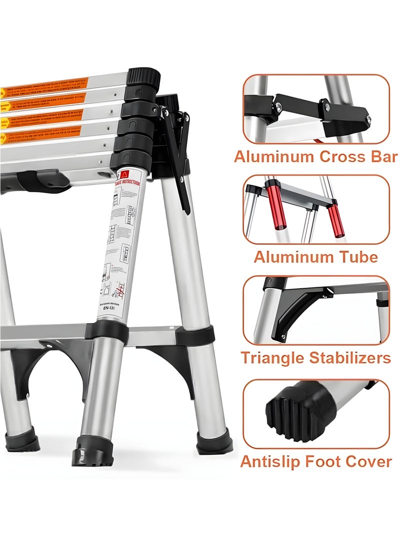 BIG MAX 5-Step Telescoping Ladder, 1.7m Aluminum Lightweight Extension Ladder with 2 Triangle Stabilizers, Heavy Duty 330lbs Max Capacity, Multi-Purpose Collapsible Ladder for RV or Outdoor Work - Image 3