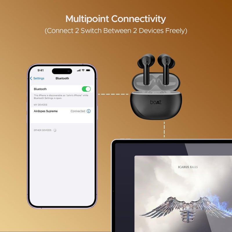 boAt Airdopes Supreme w/ 4 Mics AI ENx Tech, 50 HRS Playback,Multi Point Connectivity Bluetooth (Classic Black, True Wireless) - Image 3