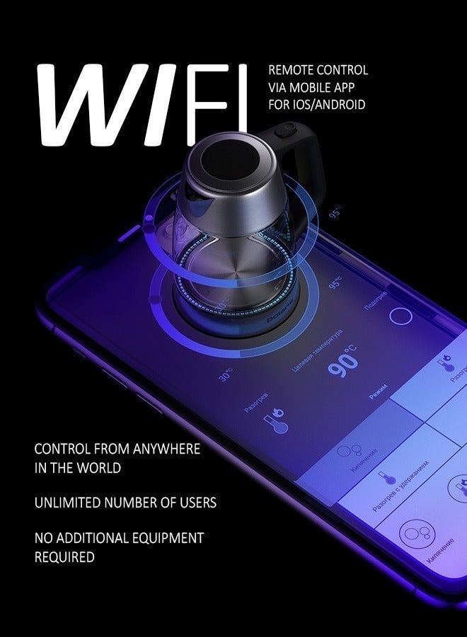 Polaris PWK 1775CGLD WiFi IQ Home AS Smart Kettle 1.7L, 40–100°C Temperature Control, App Control, LED LCD Touch Panel, Glass Body, STRIX Safety, Keep Warm – Silver - Image 3