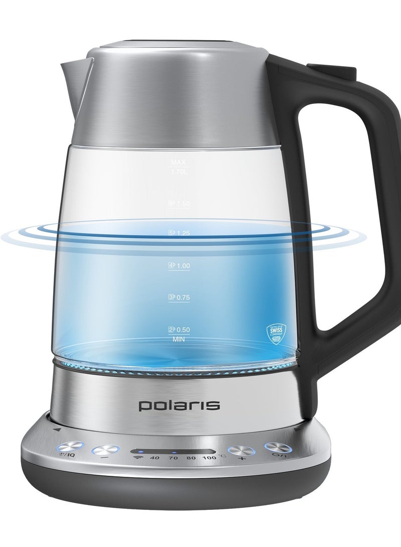 Polaris PWK 1775CGLD WiFi IQ Home AS Smart Kettle 1.7L, 40–100°C Temperature Control, App Control, LED LCD Touch Panel, Glass Body, STRIX Safety, Keep Warm – Silver - Image 1