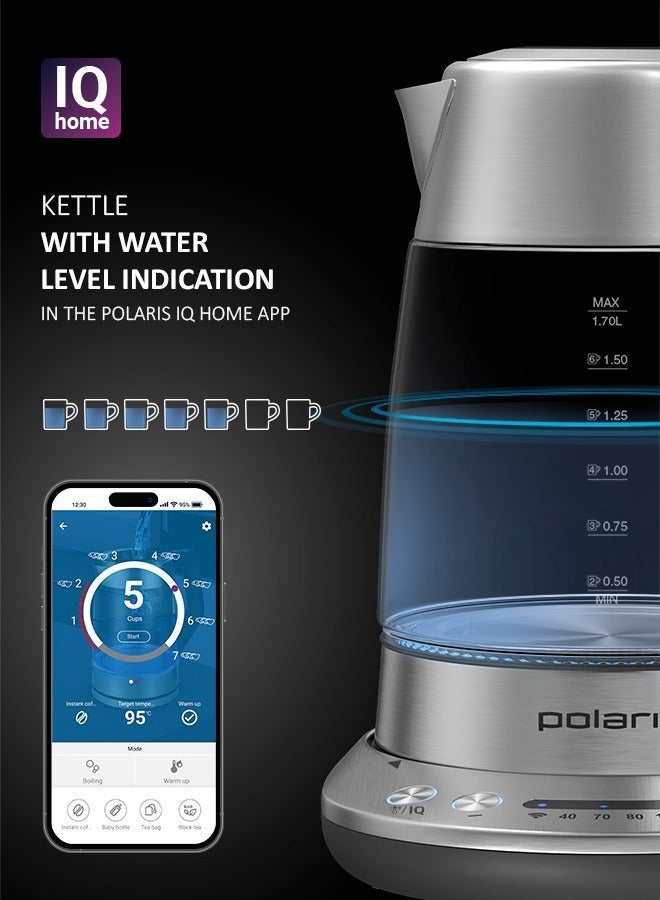 Polaris PWK 1775CGLD WiFi IQ Home AS Smart Kettle 1.7L, 40–100°C Temperature Control, App Control, LED LCD Touch Panel, Glass Body, STRIX Safety, Keep Warm – Silver - Image 2