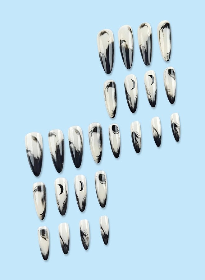 OFDNE Press On Nails Short Almond OFDNE Black Fake Nails With Moon Designs False Nails Gradient Glossy Glue On Nails Stick On Nails Artificial Nails For Women Girls 24 Pcs - Image 4