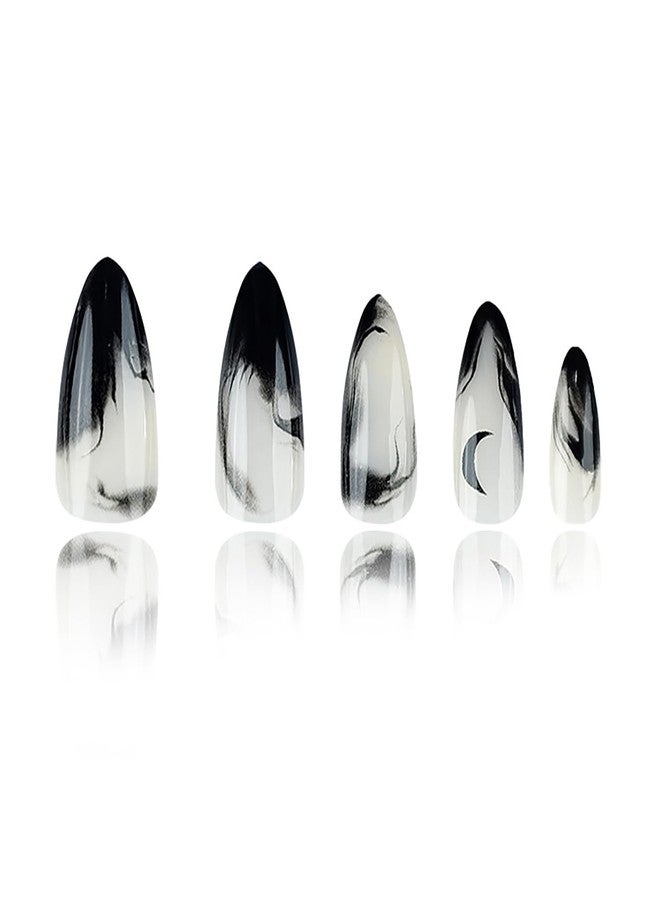 OFDNE Press On Nails Short Almond OFDNE Black Fake Nails With Moon Designs False Nails Gradient Glossy Glue On Nails Stick On Nails Artificial Nails For Women Girls 24 Pcs - Image 2