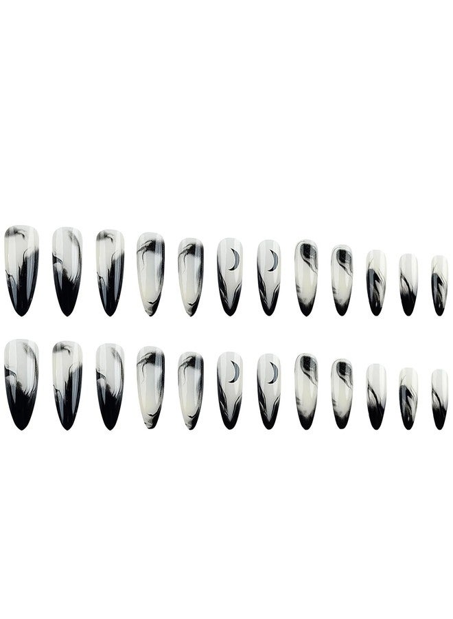 OFDNE Press On Nails Short Almond OFDNE Black Fake Nails With Moon Designs False Nails Gradient Glossy Glue On Nails Stick On Nails Artificial Nails For Women Girls 24 Pcs - Image 5