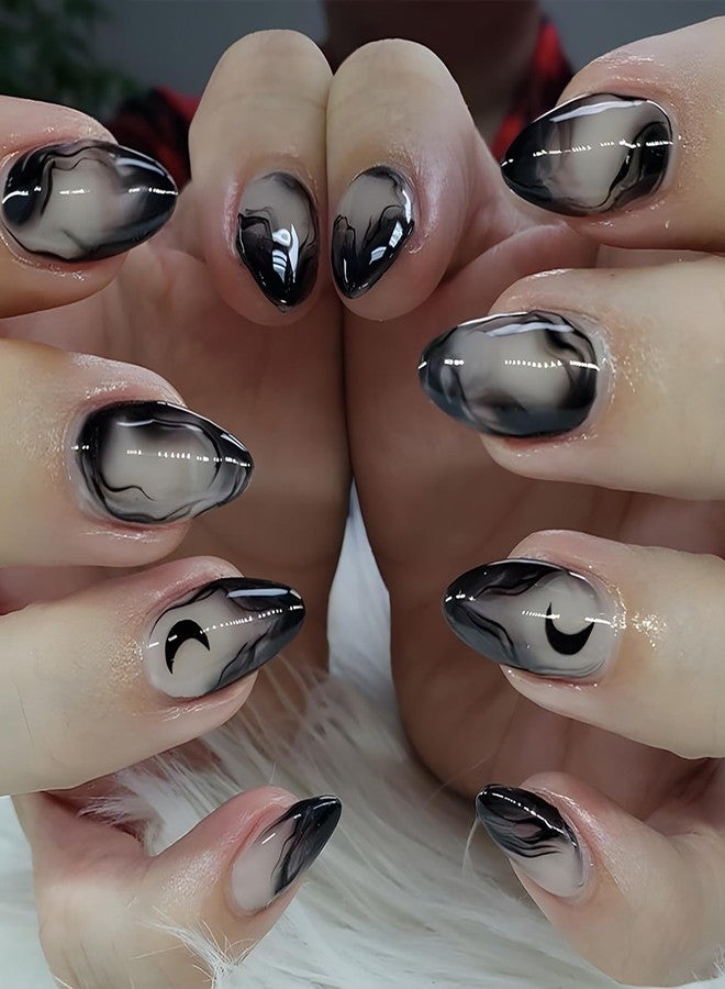 OFDNE Press On Nails Short Almond OFDNE Black Fake Nails With Moon Designs False Nails Gradient Glossy Glue On Nails Stick On Nails Artificial Nails For Women Girls 24 Pcs - Image 1