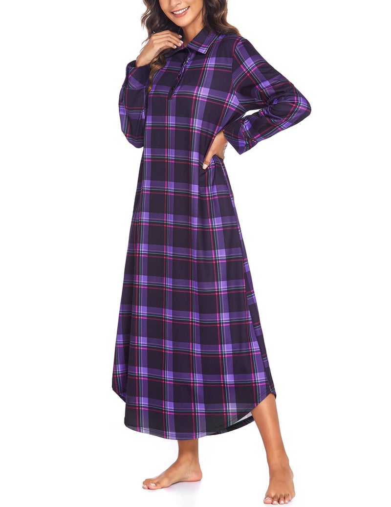 Ekouaer Women's Nightgown Long Sleeve Nightshirt Full Length Loungewear Plaid Sleepwear With Pockets, Purple Plaid, XX-Large - Image 2