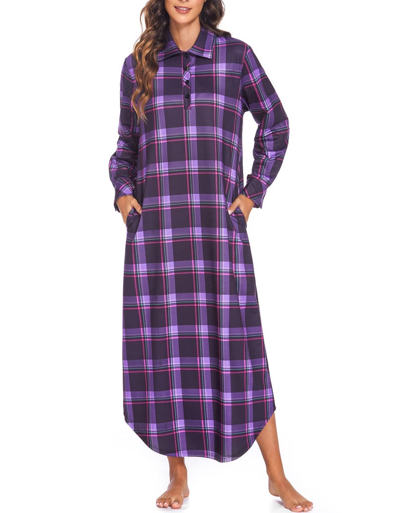 Ekouaer Women's Nightgown Long Sleeve Nightshirt Full Length Loungewear Plaid Sleepwear With Pockets, Purple Plaid, XX-Large - Image 3